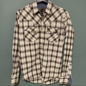 WRANGLER Retro Pearl snap western shirt size small brown and white stripe/check